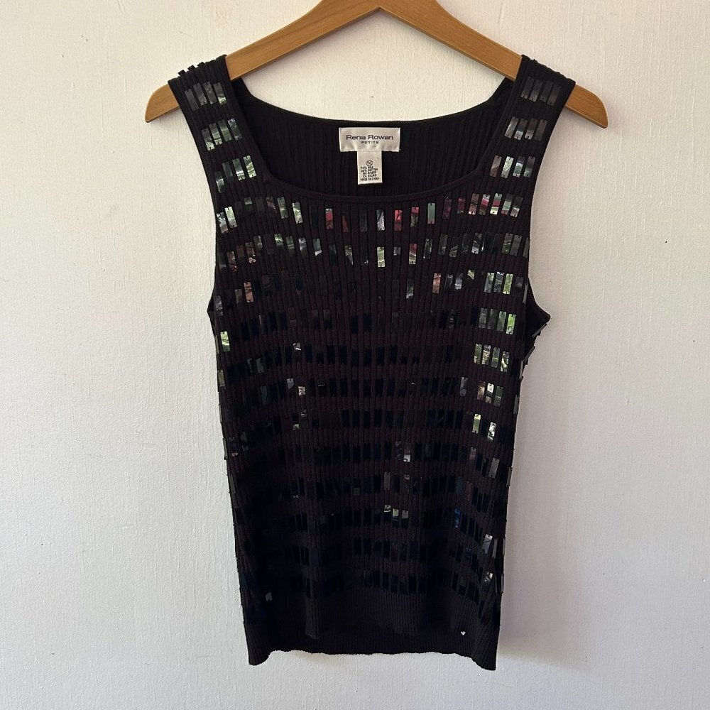 Rena Rowan Silk Sleeveless‎ Blouse Womens Large Petite Black Sequins Square Neck